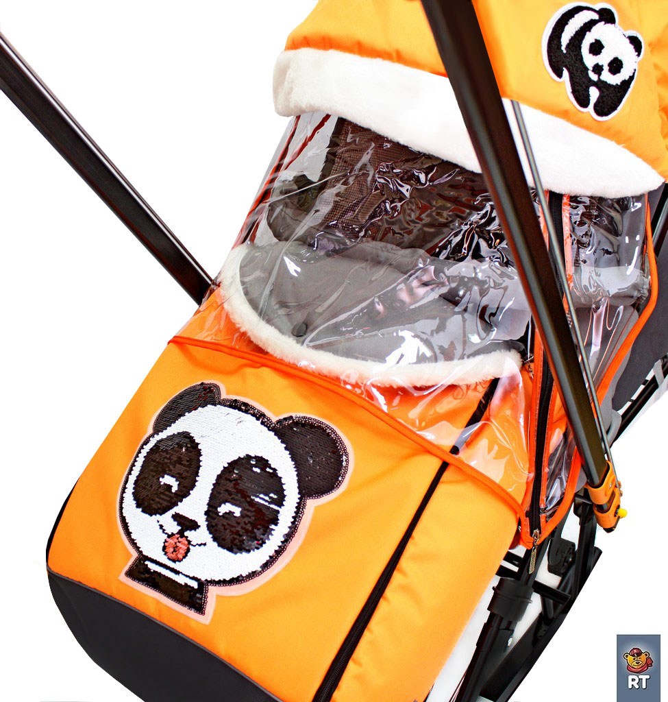 Санки-коляска Snow Galaxy City-1-1, дизайн - Панда на оранжевом, на больших надувных колёсах с сумкой и варежками  